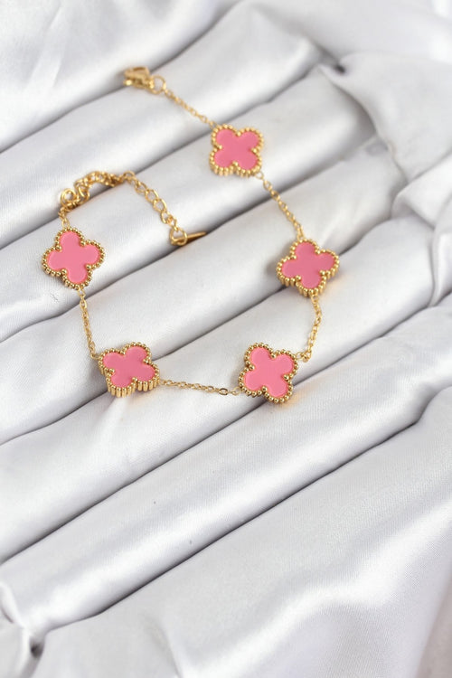 316L Çelik Gold Zincir Pembe Yonca Renk Bileklik