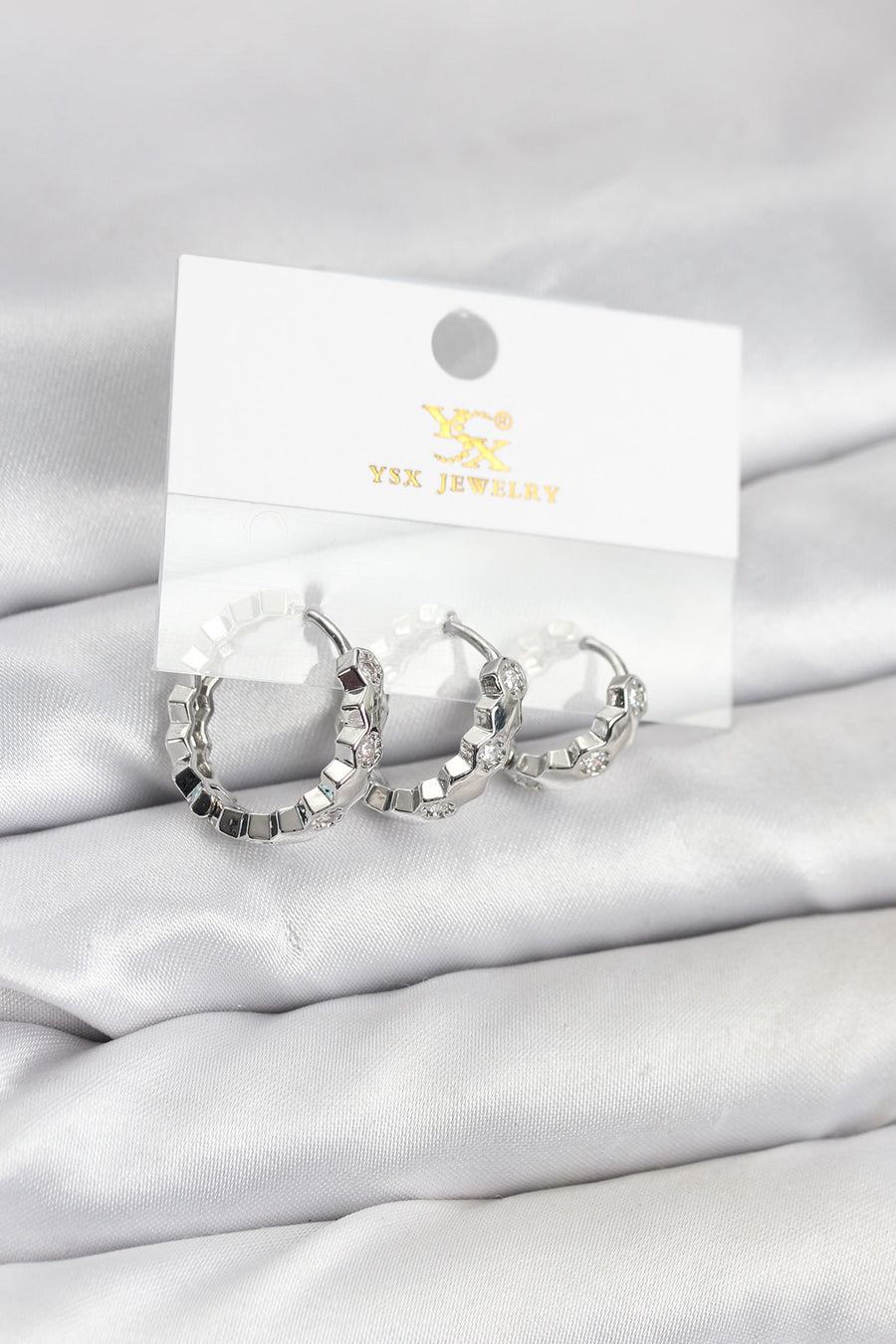 Pirinç Gümüş Renk Zirkon Taşlı Petek Halka Model YSX Trio Küpe Seti